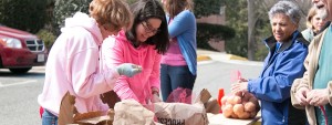 Students, staff and faculty bagging potatoes for gleaning charity