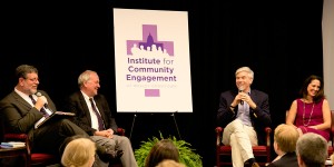Image of President McAllister-Wilson, Mike McCurry, David Gregory and Rex. Ginger Gaines-Cirelli at panel discussion June 7, 2016