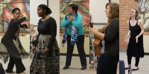 Pictures of five women performing dance, music, and acting.